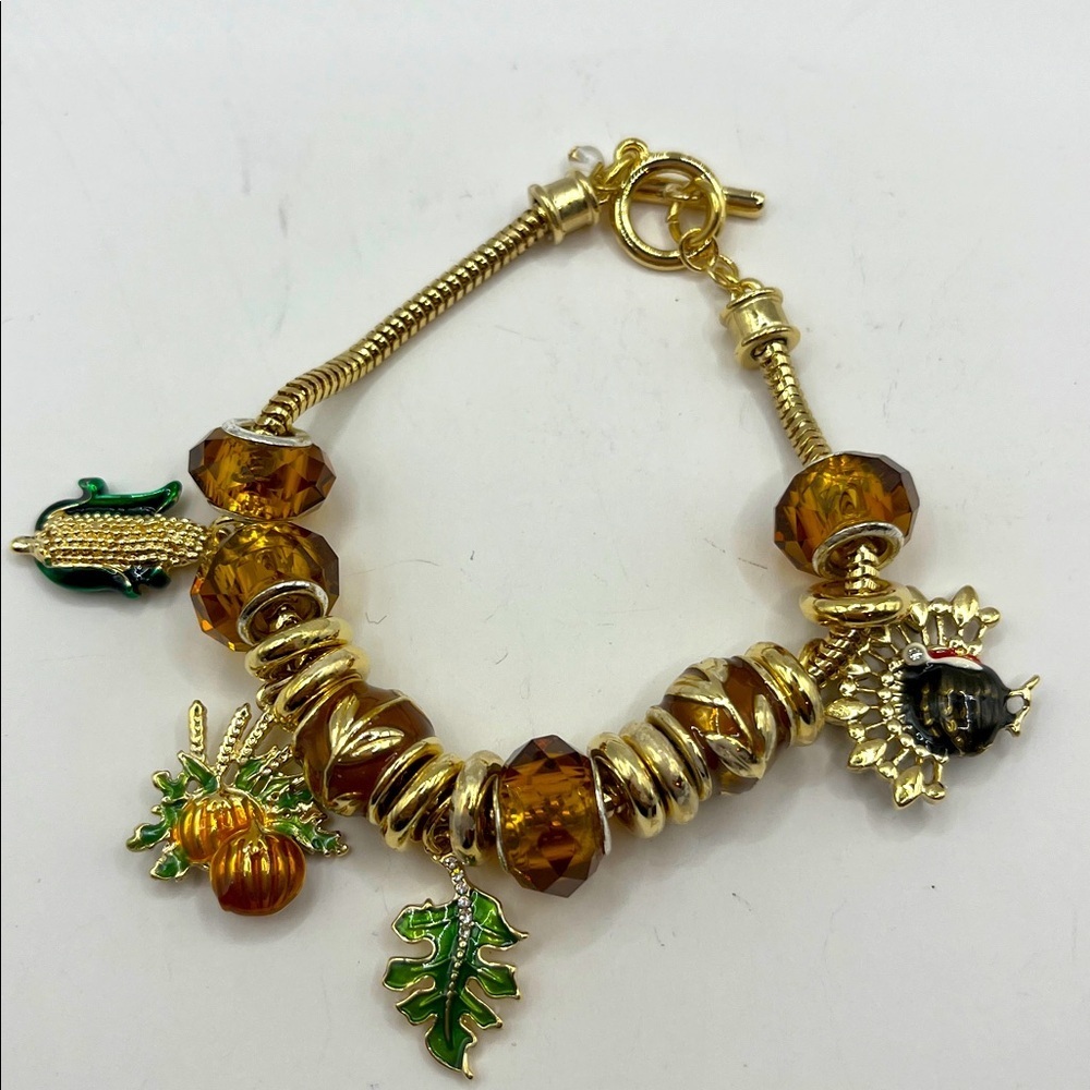 Fall Charm Bracelet Amber Colored Charms Turkey Pumpkin Leaf Corn Gold Tone